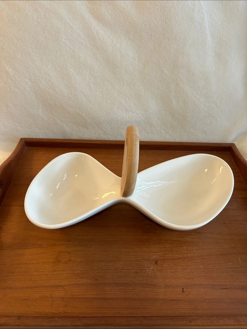 VTG MCM BRANDANI ITALY Large White Ceramic Divided Dish Bamboo Handle